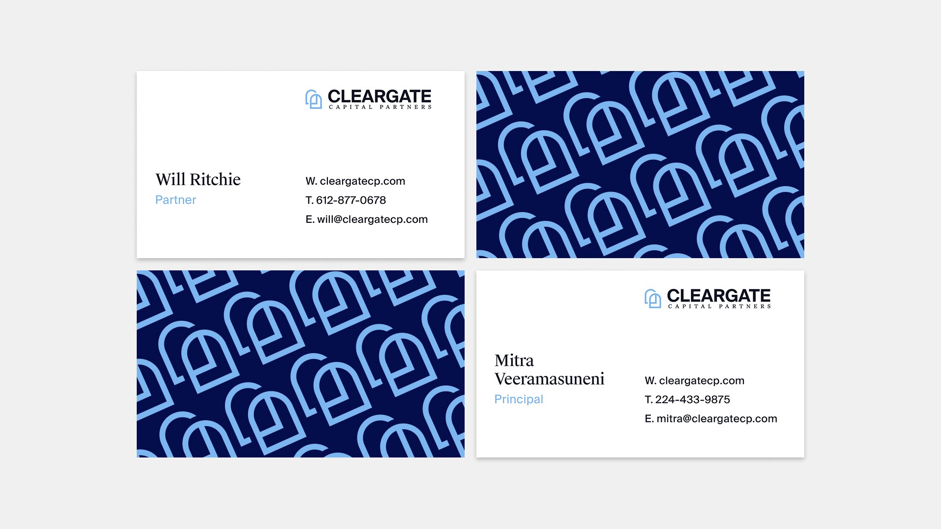 Cleargate Capital Partners business cards — white fronts with partner details and navy backs in the repeating mark pattern