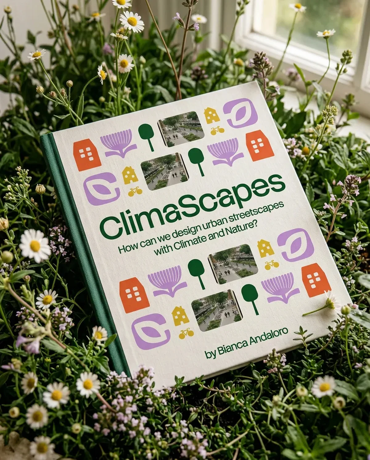 climascapes – ClimaScapes book by Bianca Andaloro resting among wildflowers
