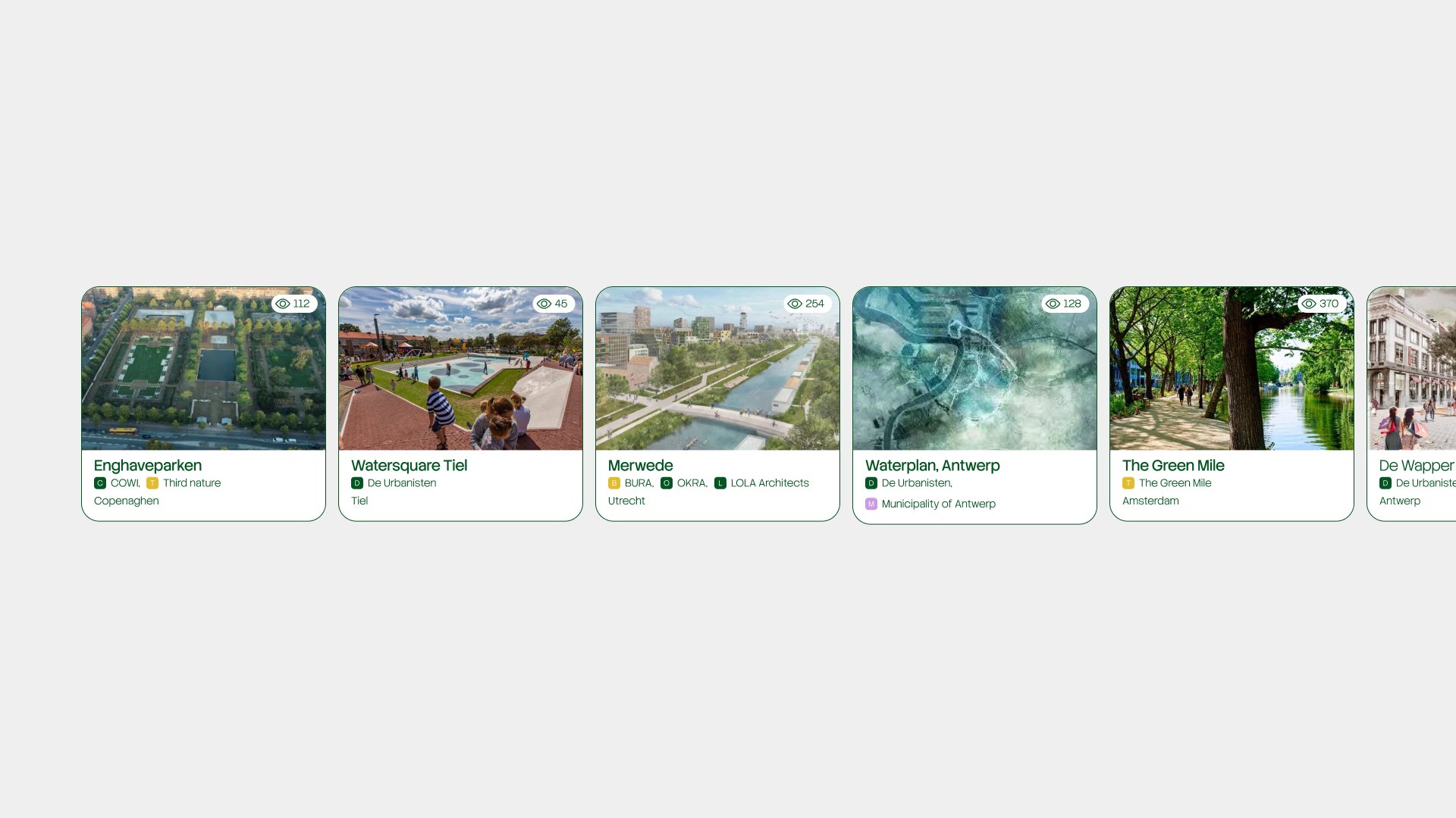 Climascapes project cards listing nature-based design studios and cities