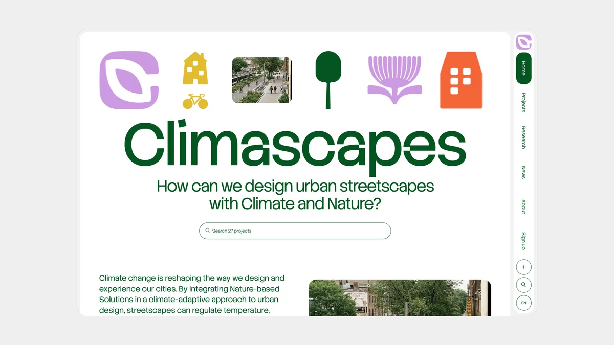 climascapes – Climascapes homepage with illustrated icon banner and search