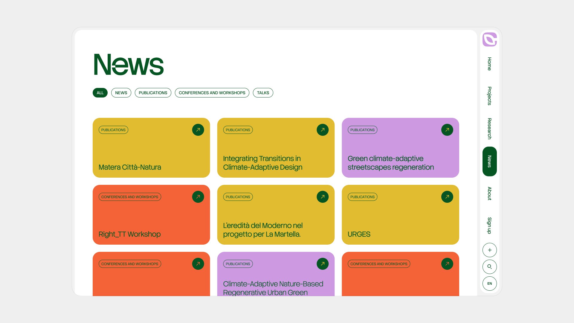 Climascapes news page with colourful publication and workshop cards
