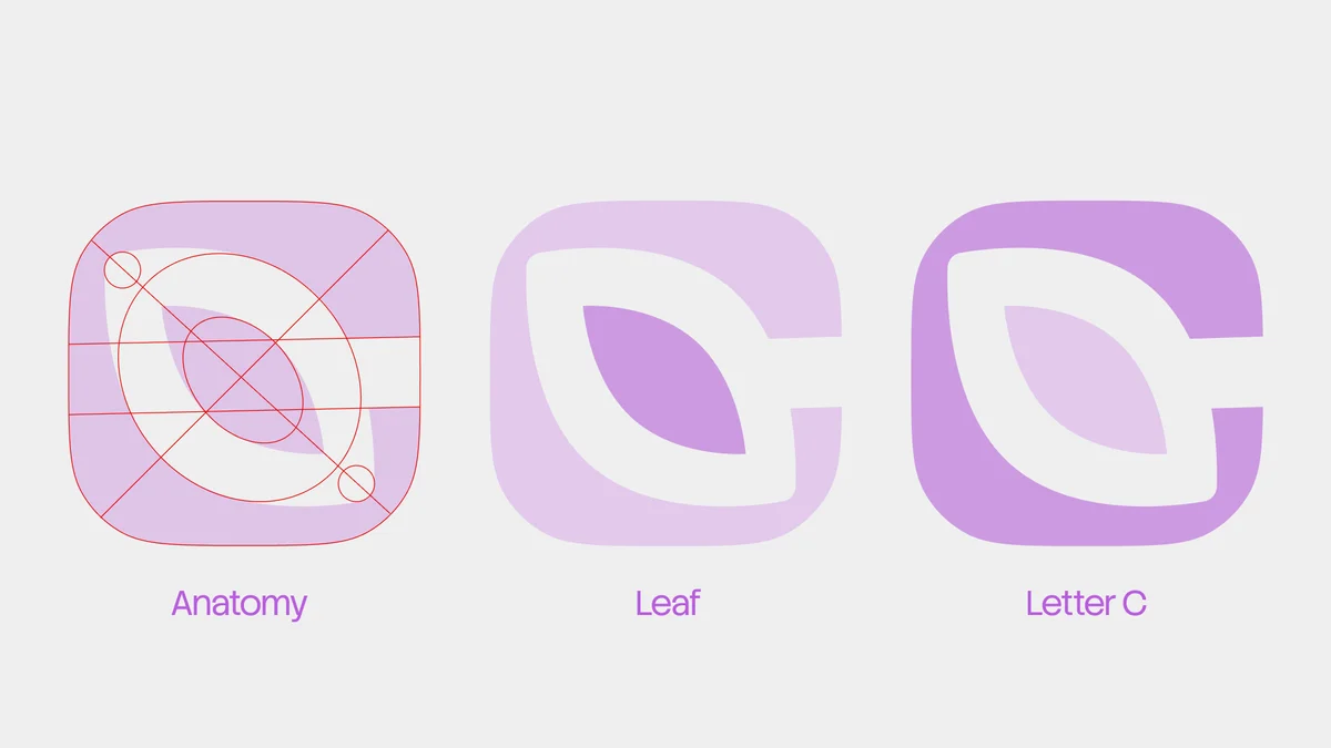 climascapes – Climascapes logomark anatomy showing leaf and letter C in purple