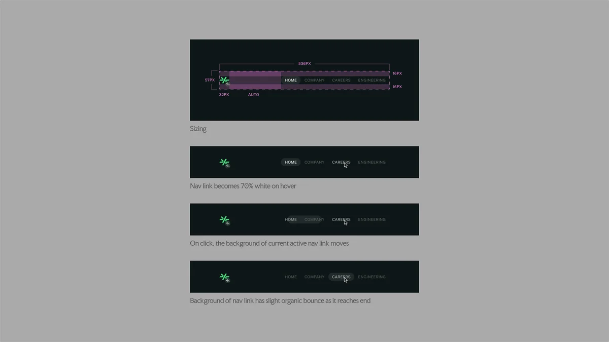 comulate – Comulate navigation bar sizing specs and hover and active states
