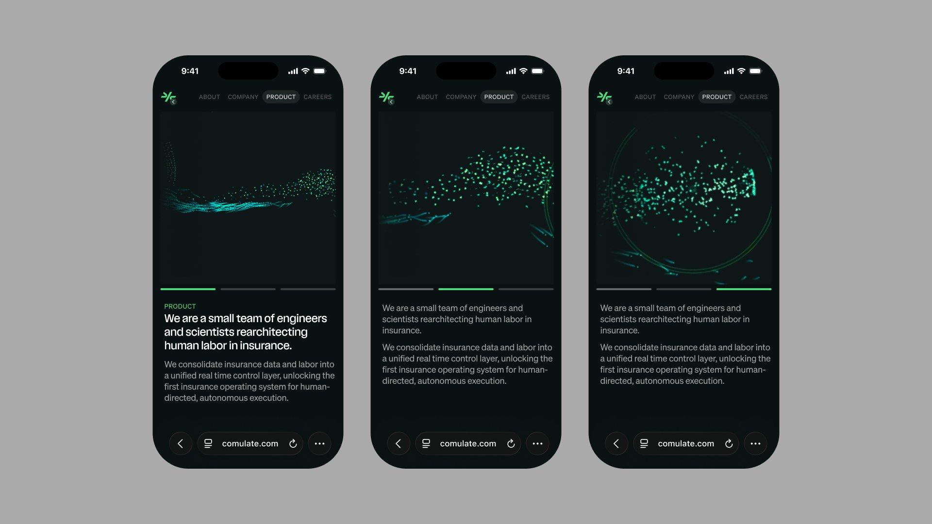 Three Comulate Product screens showing the animated particle mark