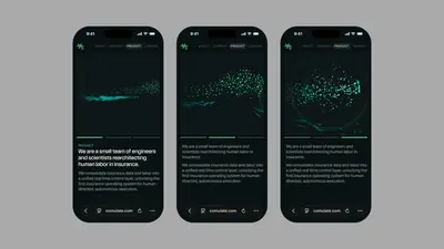 Three Comulate Product screens showing the animated particle mark – comulate