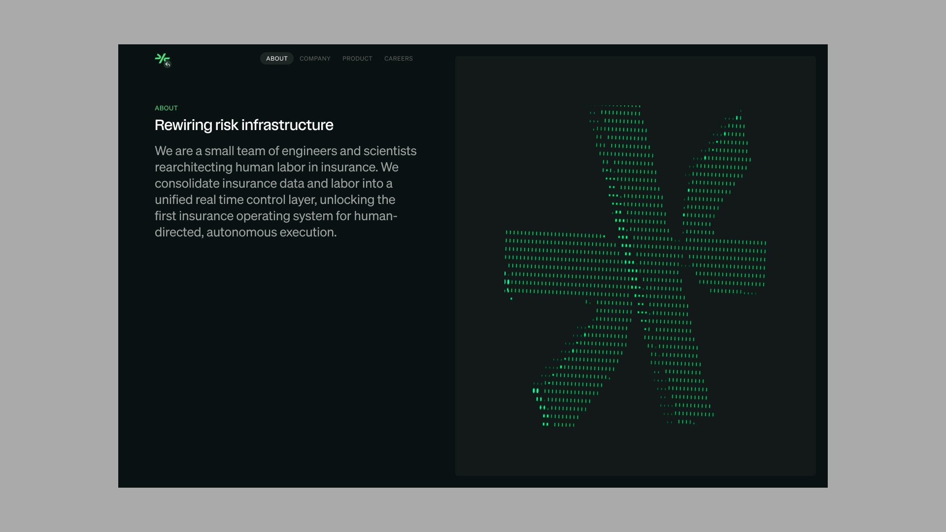 Comulate About page with Rewiring risk infrastructure heading and animated mark