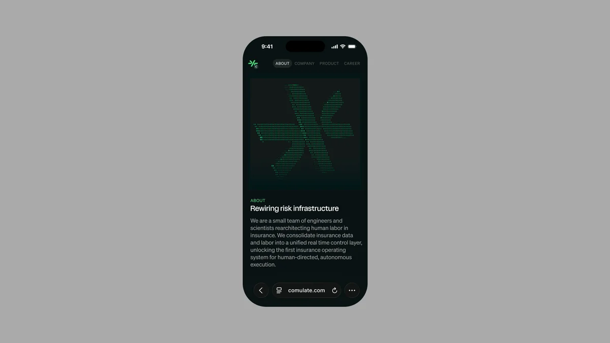 comulate – Comulate About page on mobile with green particle mark
