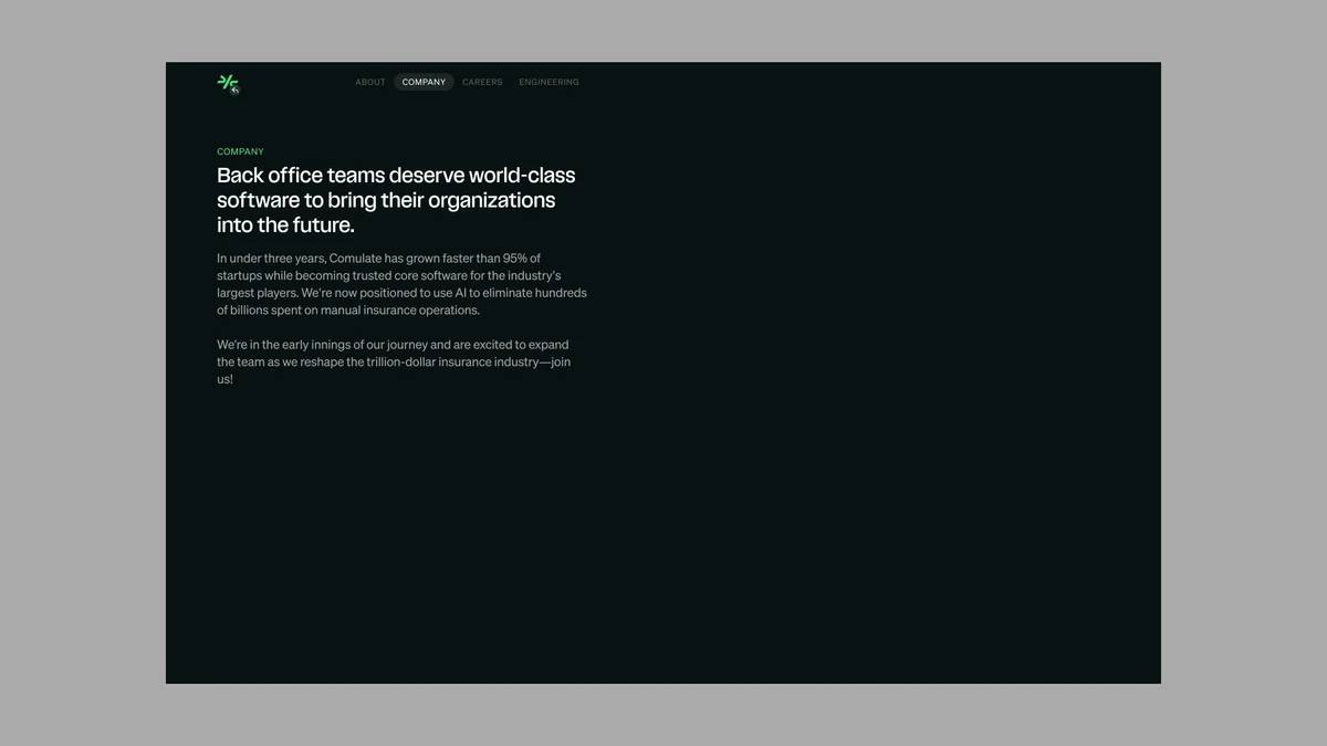 comulate – Comulate Company page headline about world-class back office software