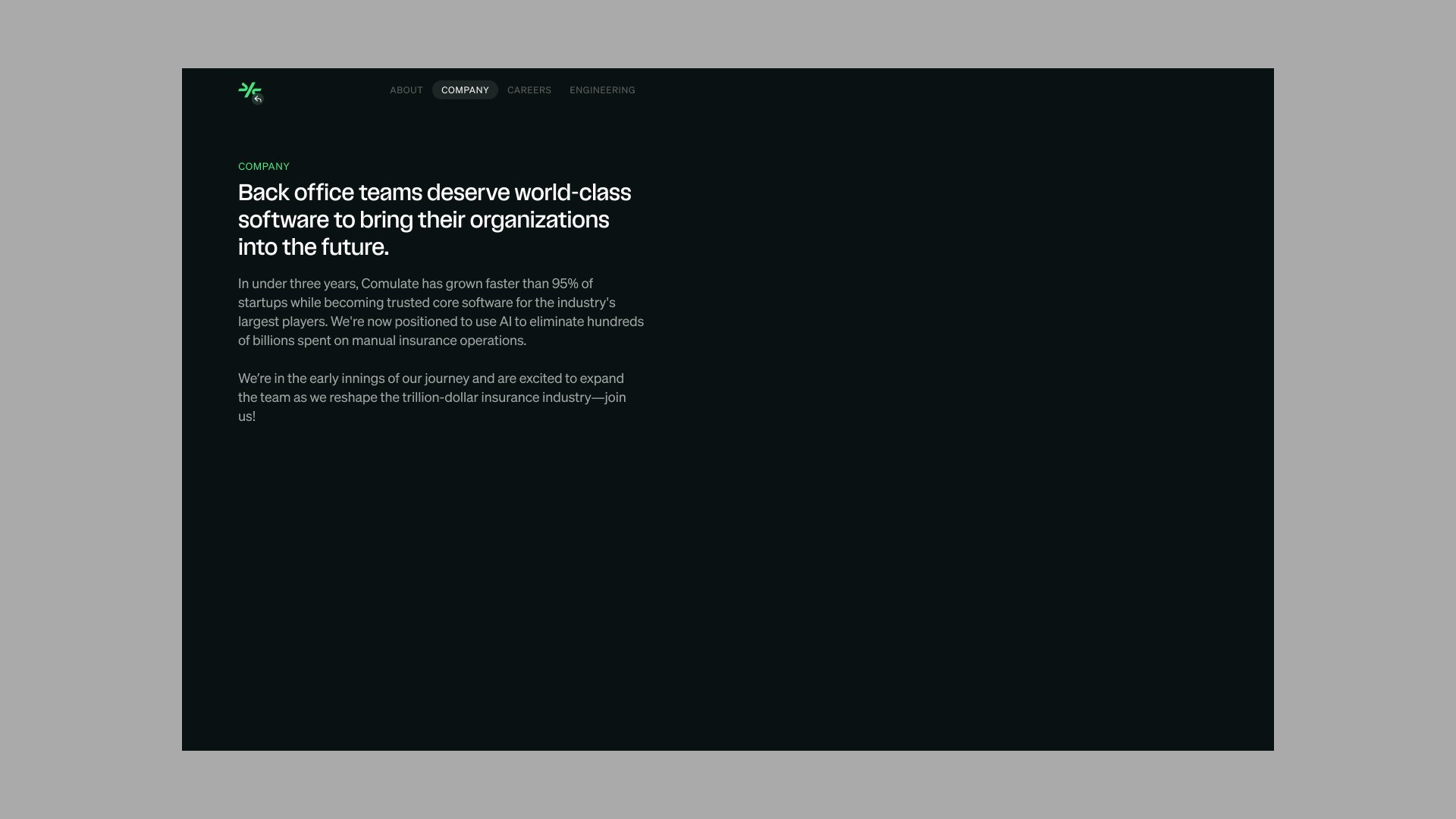 Comulate Company page headline about world-class back office software