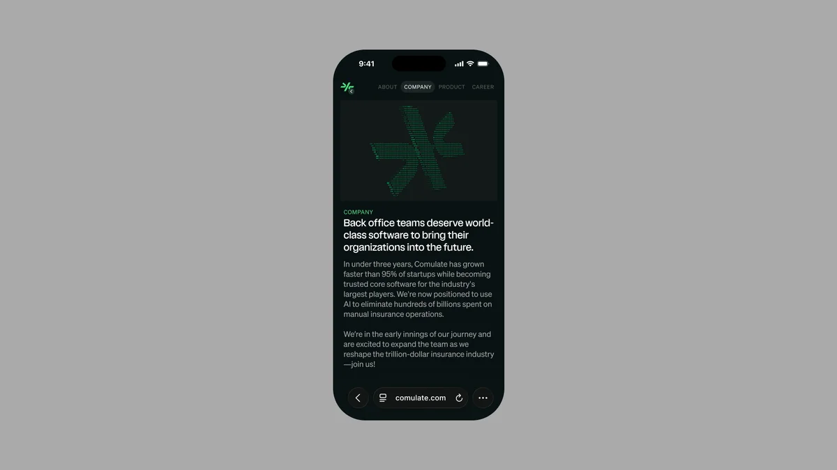 comulate – Comulate Company page on mobile with green particle mark
