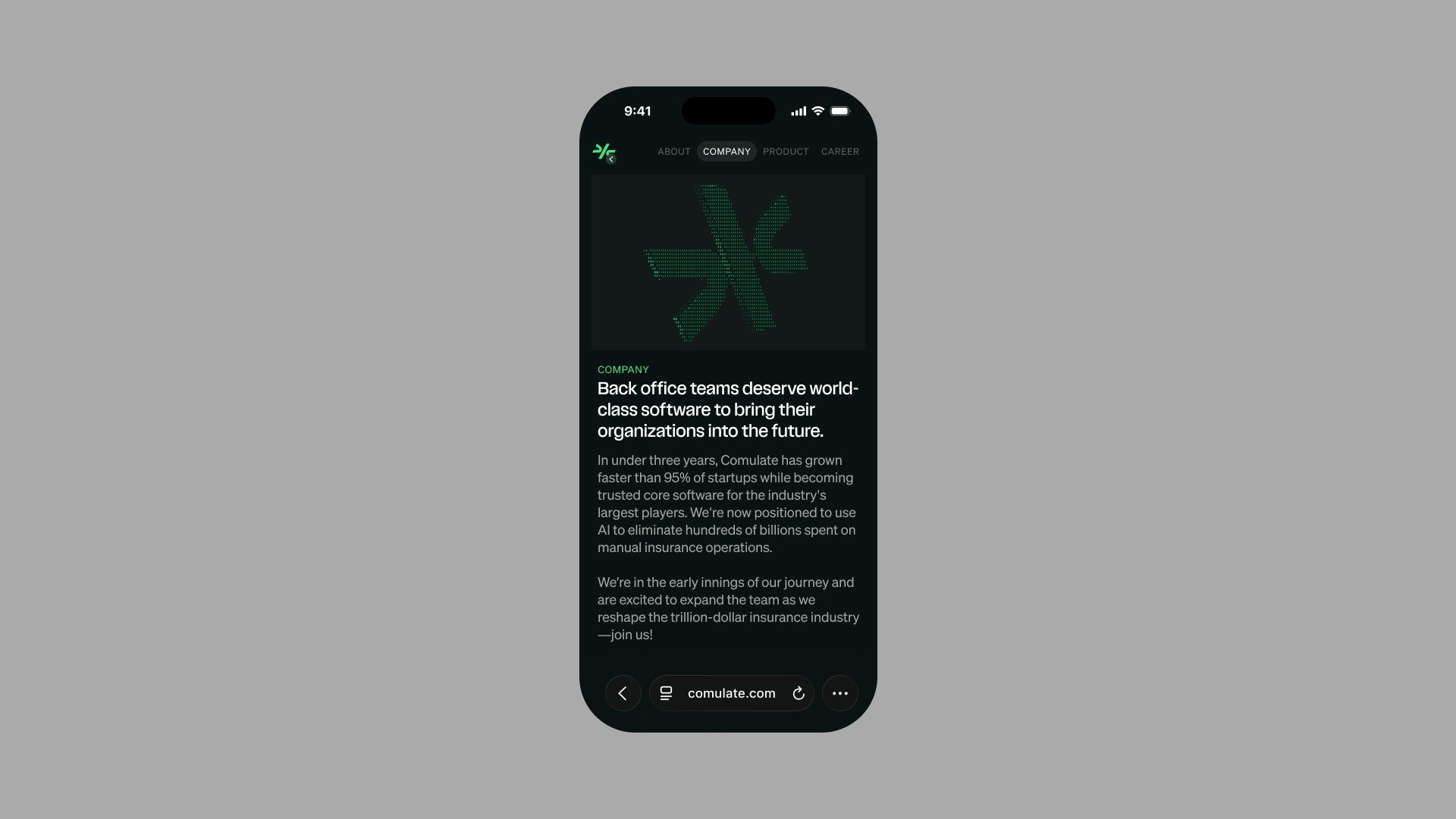 Comulate Company page on mobile with green particle mark