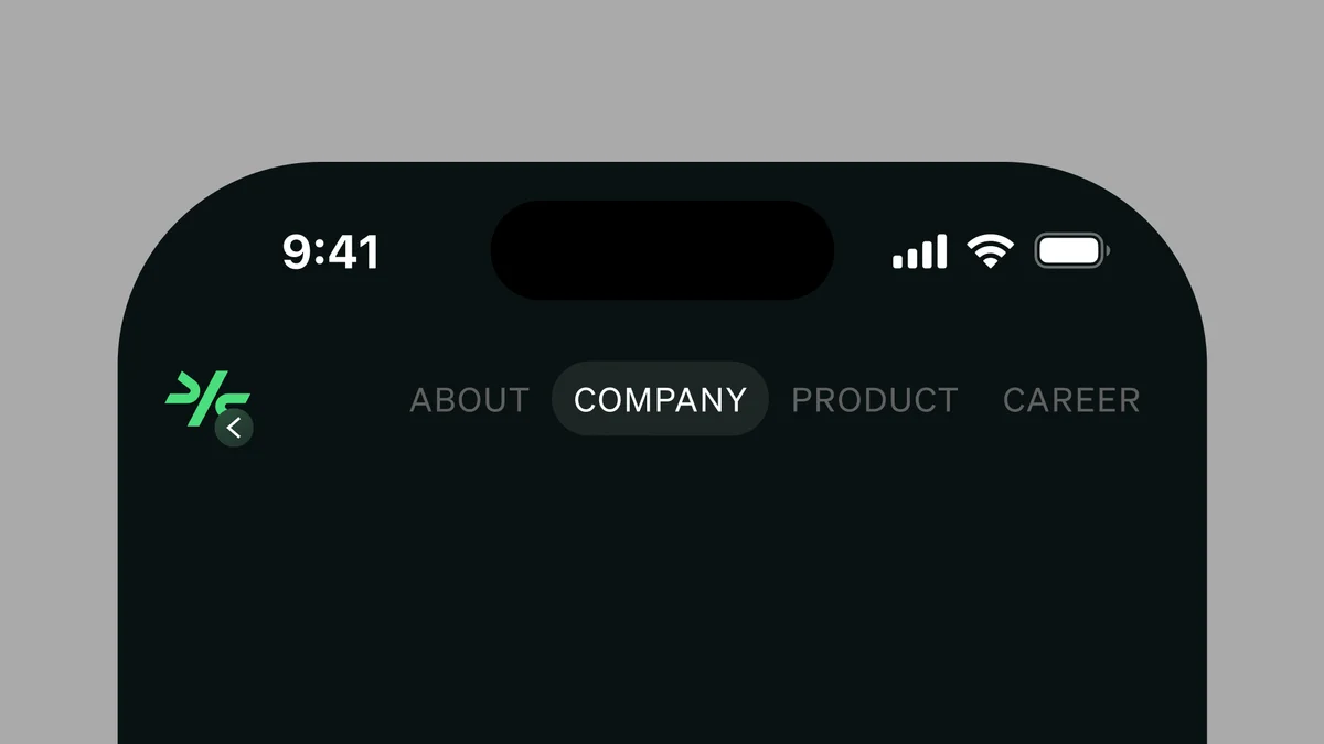 comulate – Close-up of Comulate mobile nav with Company tab active