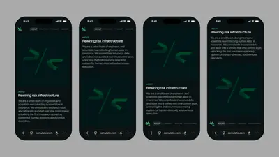 Comulate About page on four phone screens with green logo mark – comulate