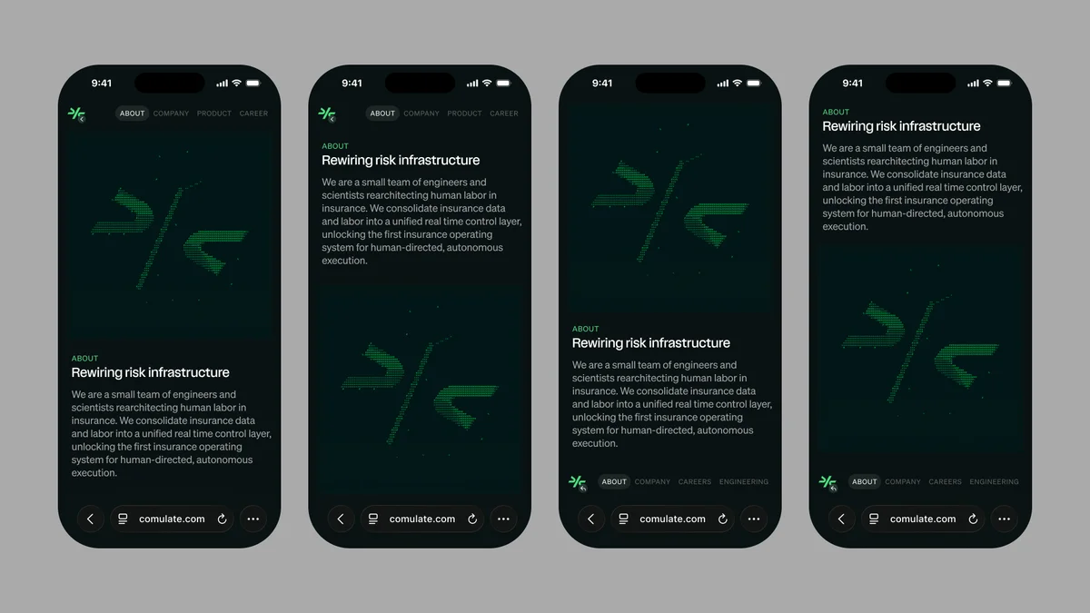 comulate – Comulate About page on four phone screens with green logo mark