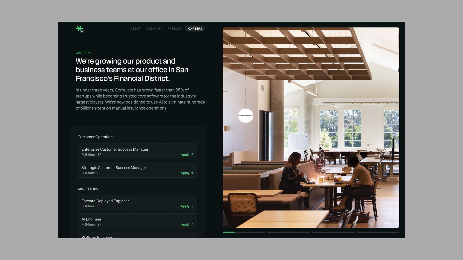 Comulate Careers page with San Francisco office photo and open roles
