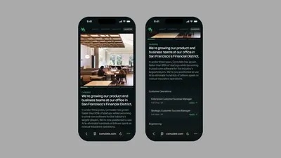 Comulate Careers page on two mobile screens with office photo and listings – comulate