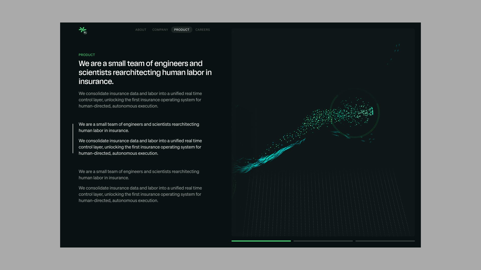 Comulate Product page with green particle trail visual
