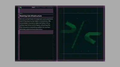 Comulate About page layout grid overlay with green logo mark – comulate