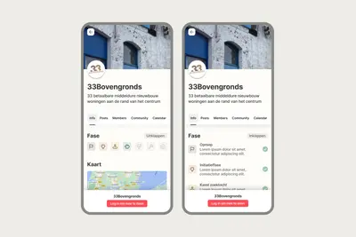 Two phone screens showing a 33Bovengronds project profile – crowdbuilding-v1