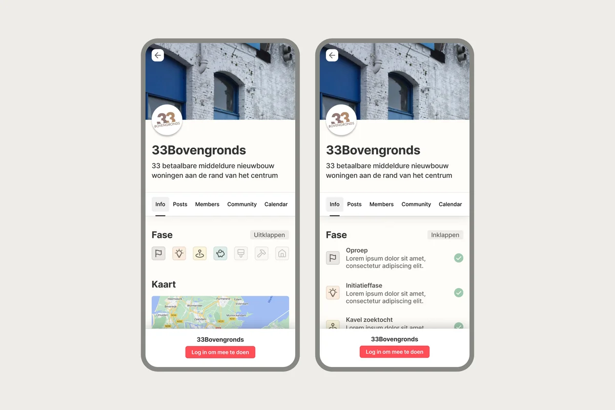 crowdbuilding-v1 – Two phone screens showing a 33Bovengronds project profile