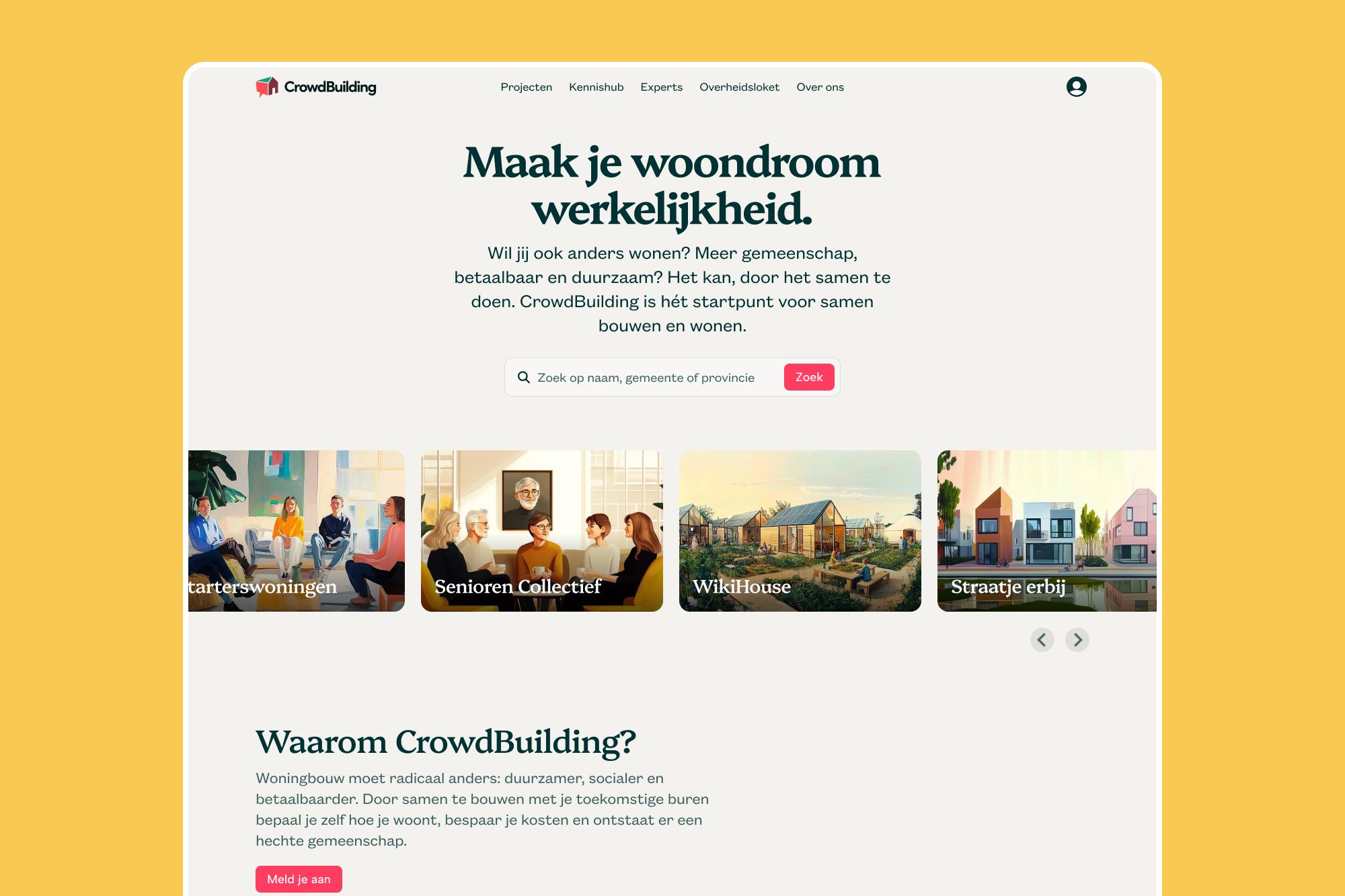 CrowdBuilding homepage with project cards and search bar