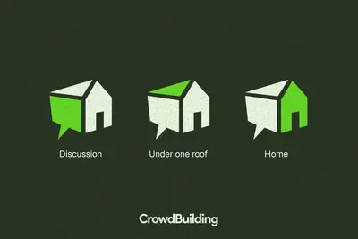 Three speech-bubble house logo concepts on dark green – crowdbuilding-v2