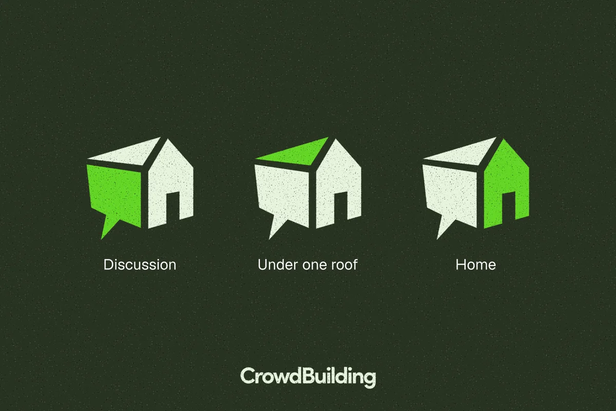 crowdbuilding-v2 – Three speech-bubble house logo concepts on dark green