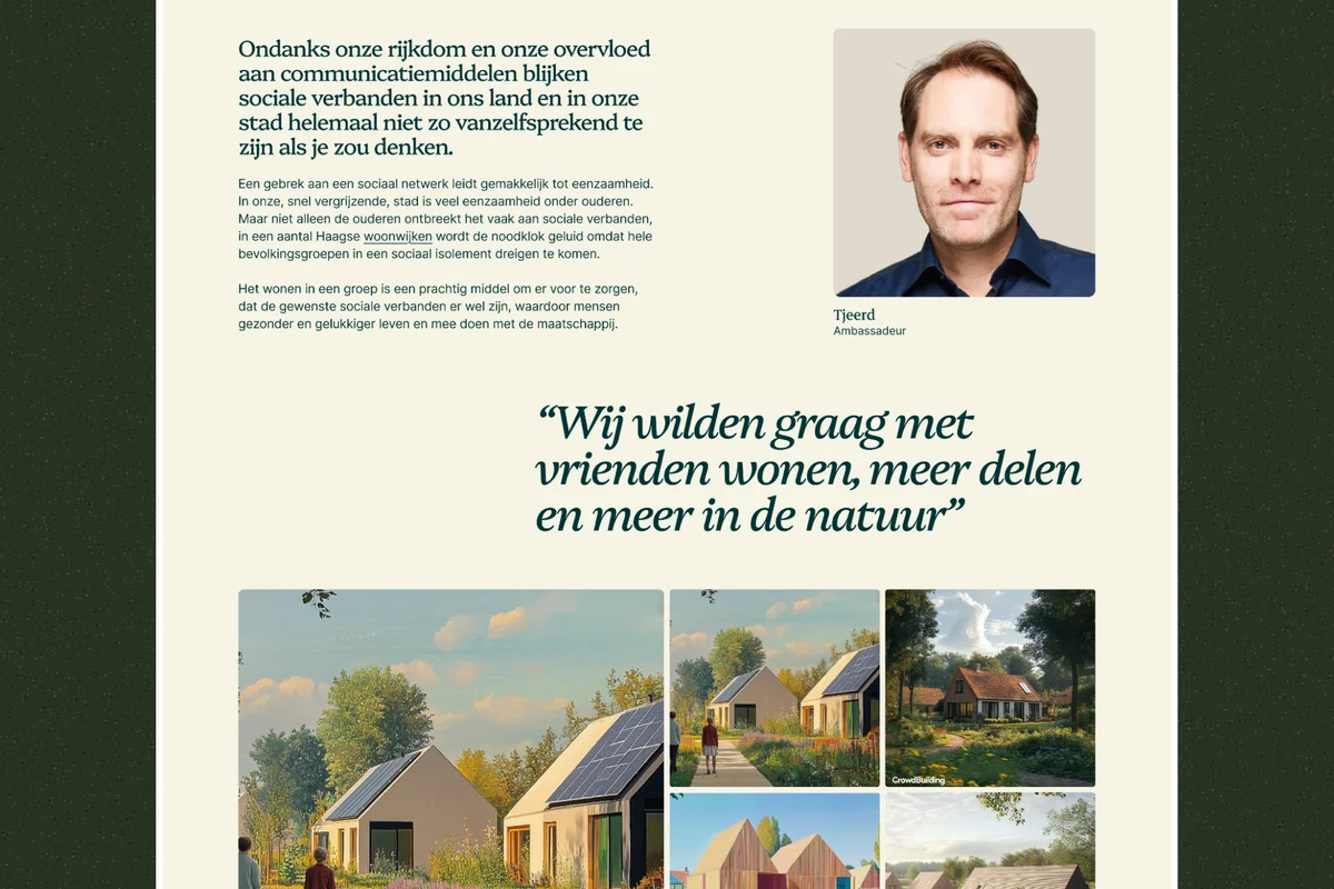 crowdbuilding-v2 – Editorial spread with portrait, quote and housing renders