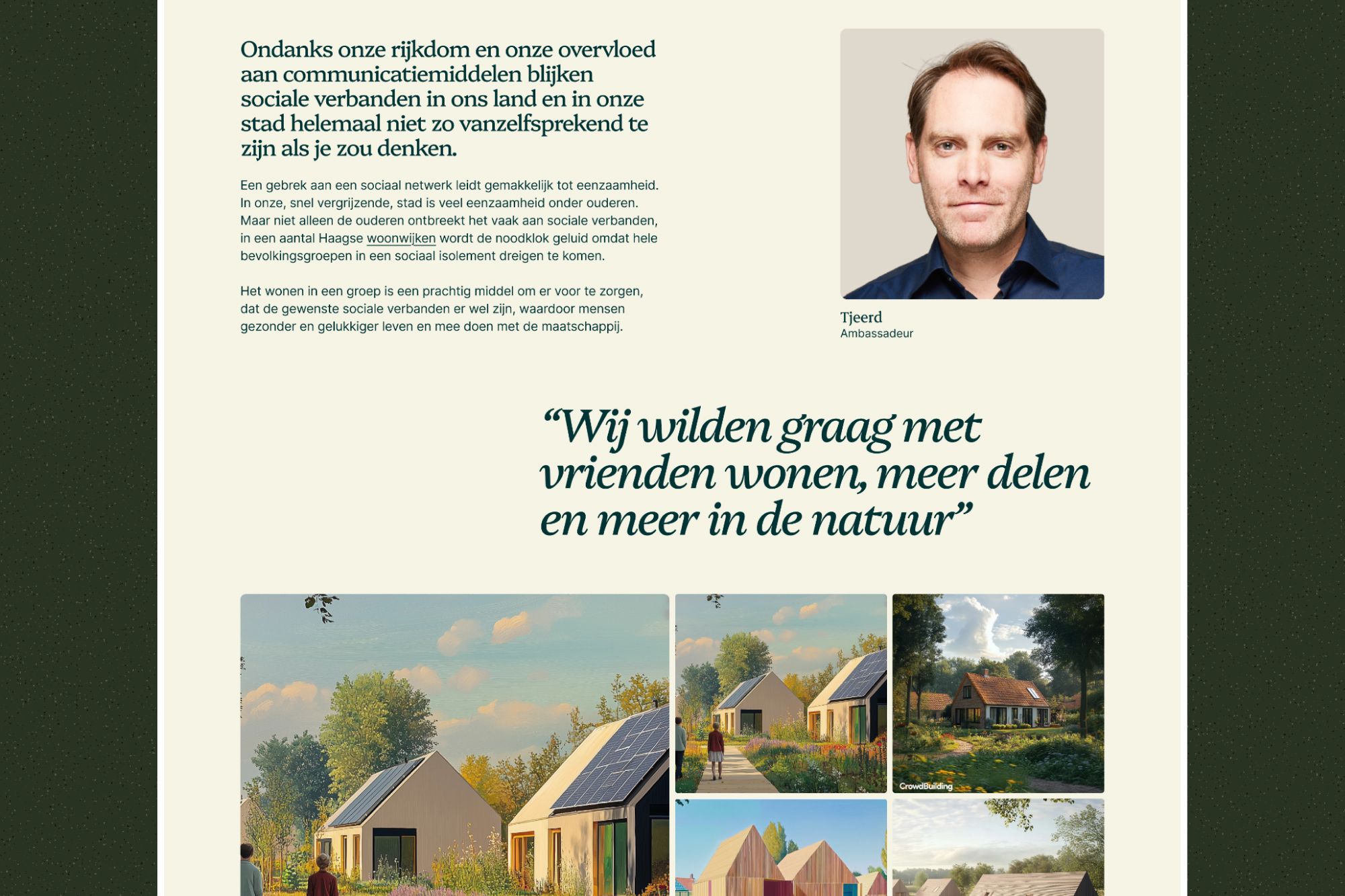 Editorial spread with portrait, quote and housing renders