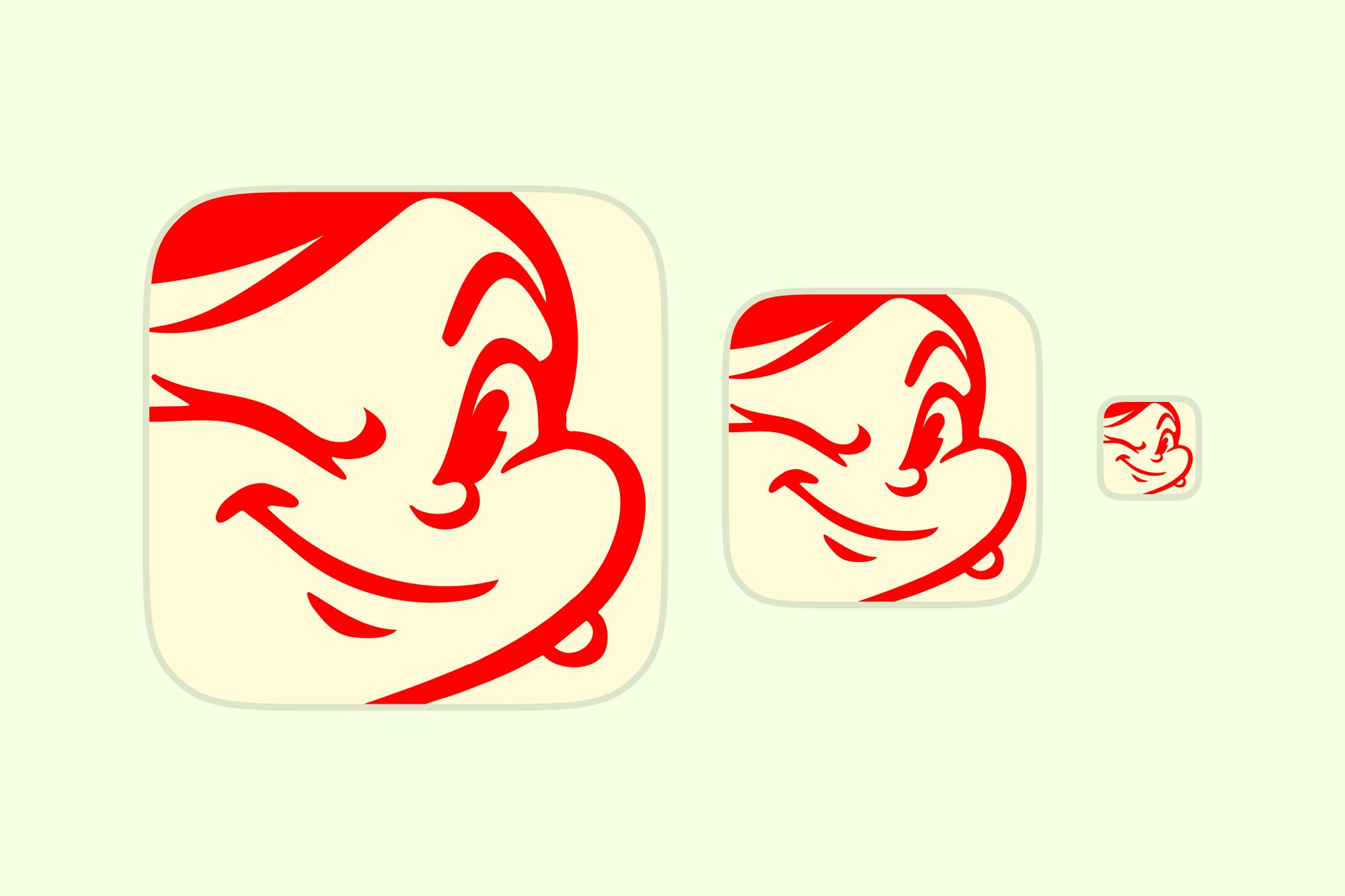 Mrs Squizzi face app icon shown at three decreasing sizes