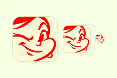 Mrs Squizzi face app icon shown at three decreasing sizes – squizzi