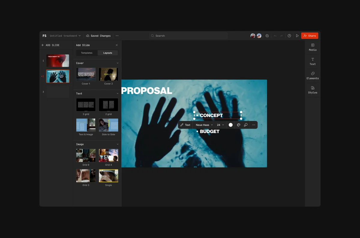 frameset – Frameset editor showing a proposal slide with layout panel