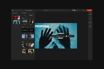 Frameset editor showing a proposal slide with layout panel – frameset
