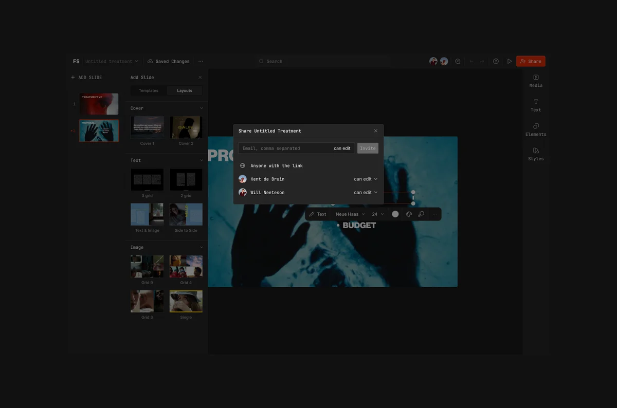 frameset – Frameset editor with share treatment dialog and collaborators