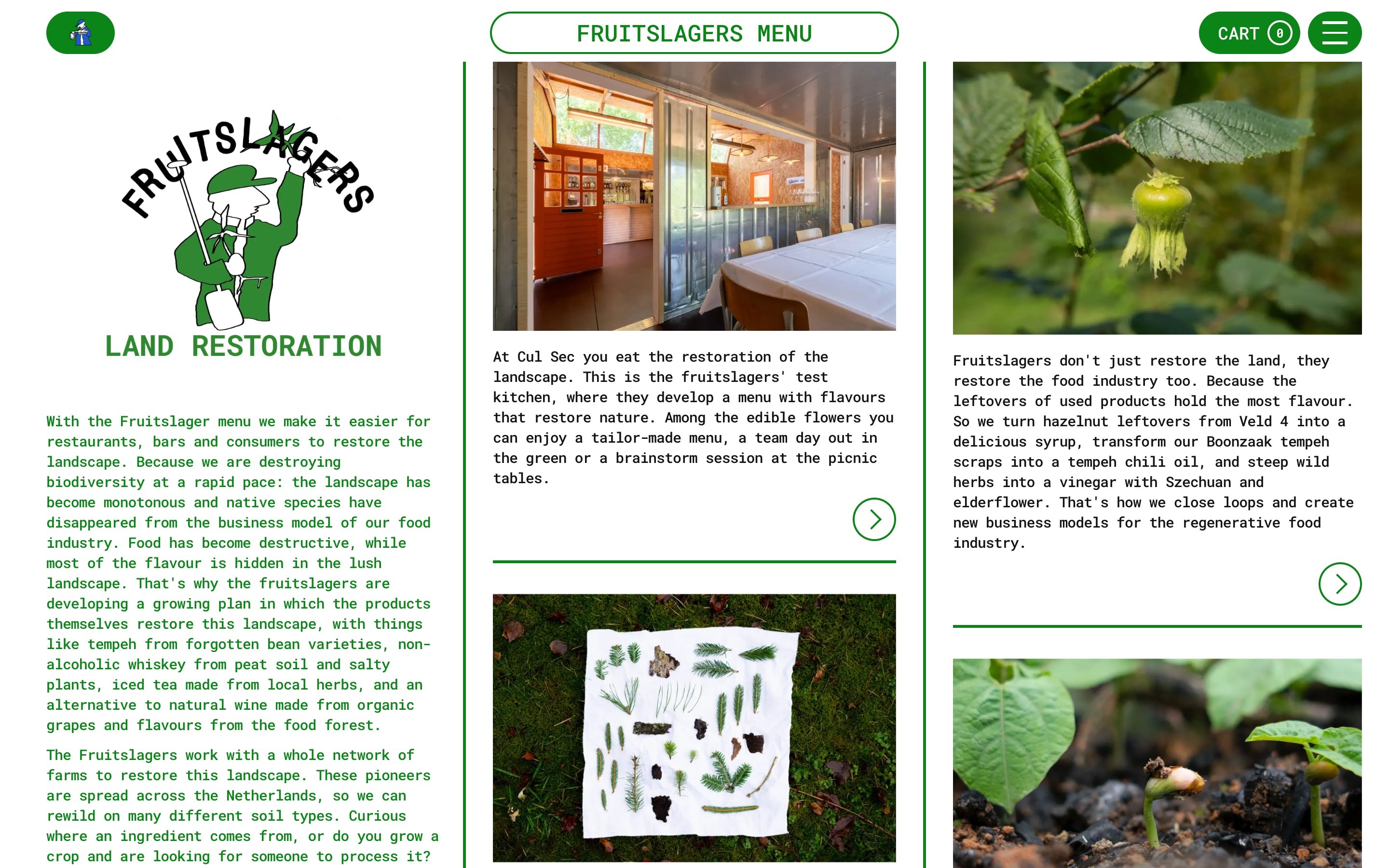 The menu card flipped to its green Land Restoration side, where the Fruitslagers explain their mission