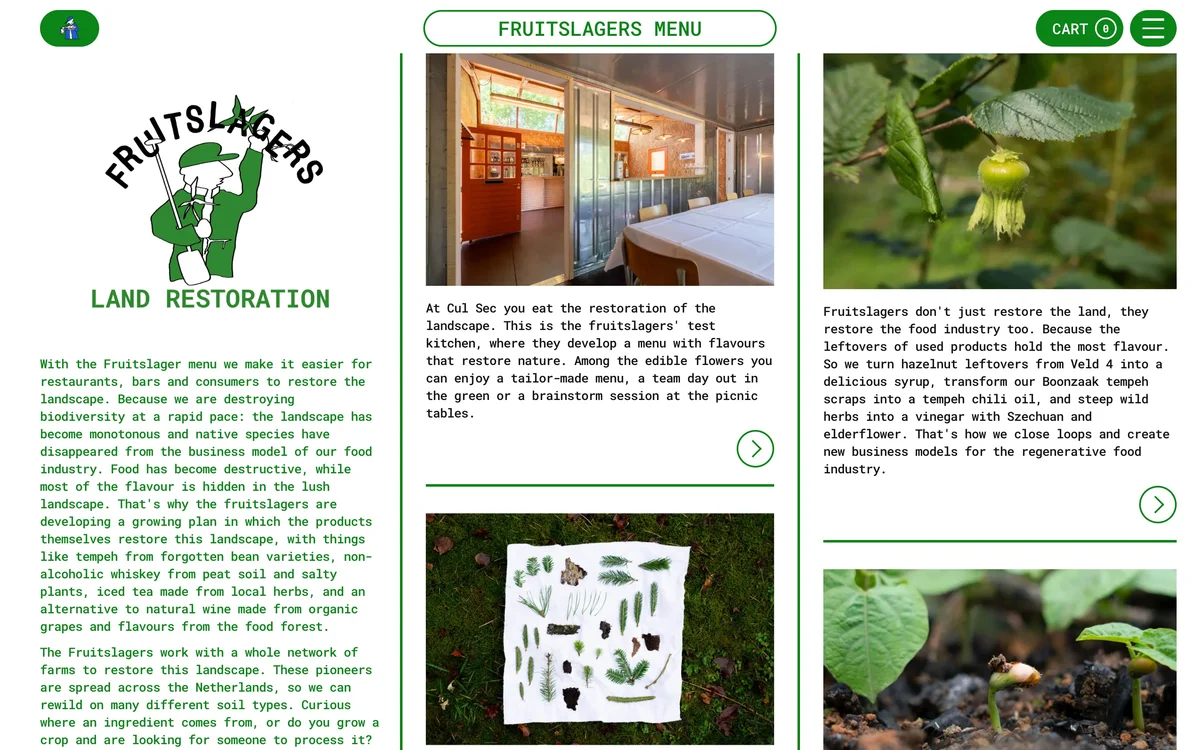 fruitslagers – The menu card flipped to its green Land Restoration side, where the Fruitslagers explain their mission