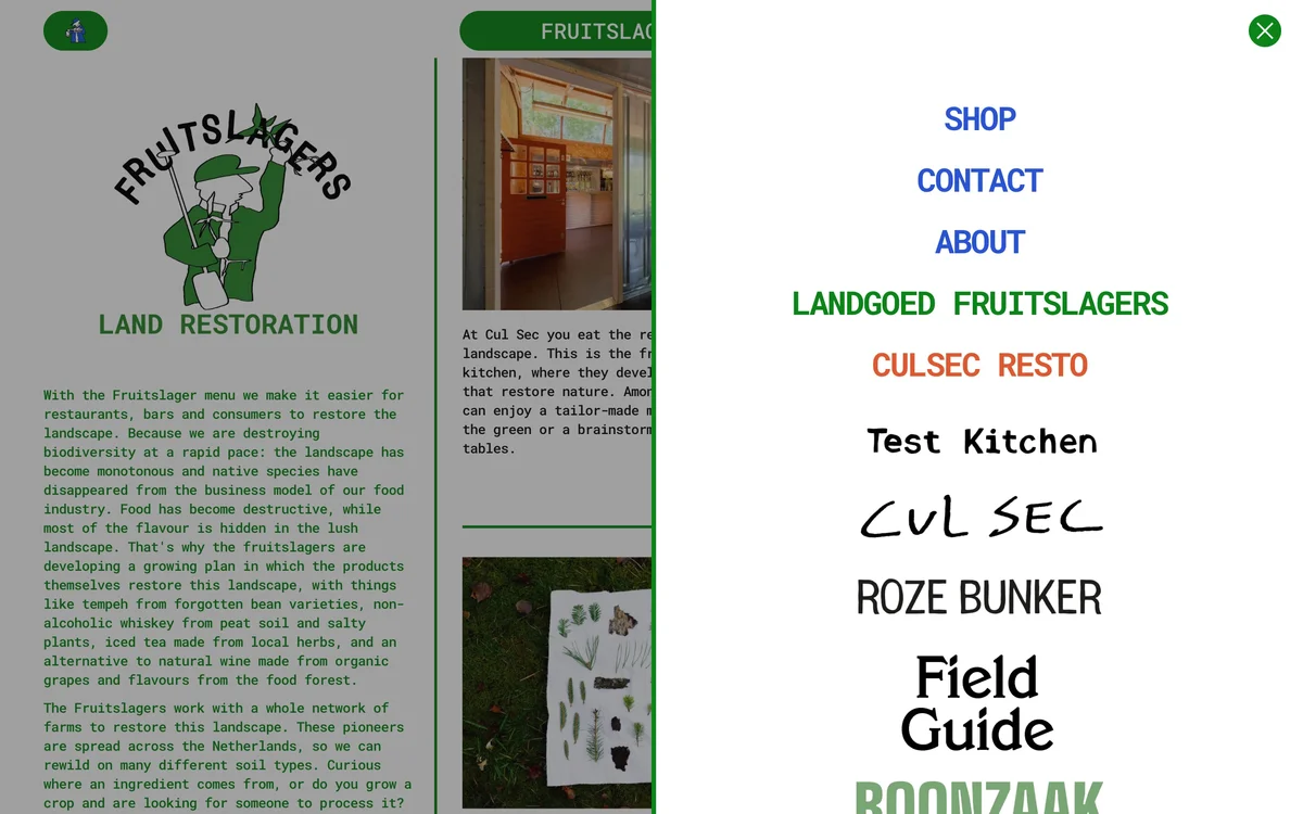 fruitslagers – The site navigation open, listing every brand in its own wordmark