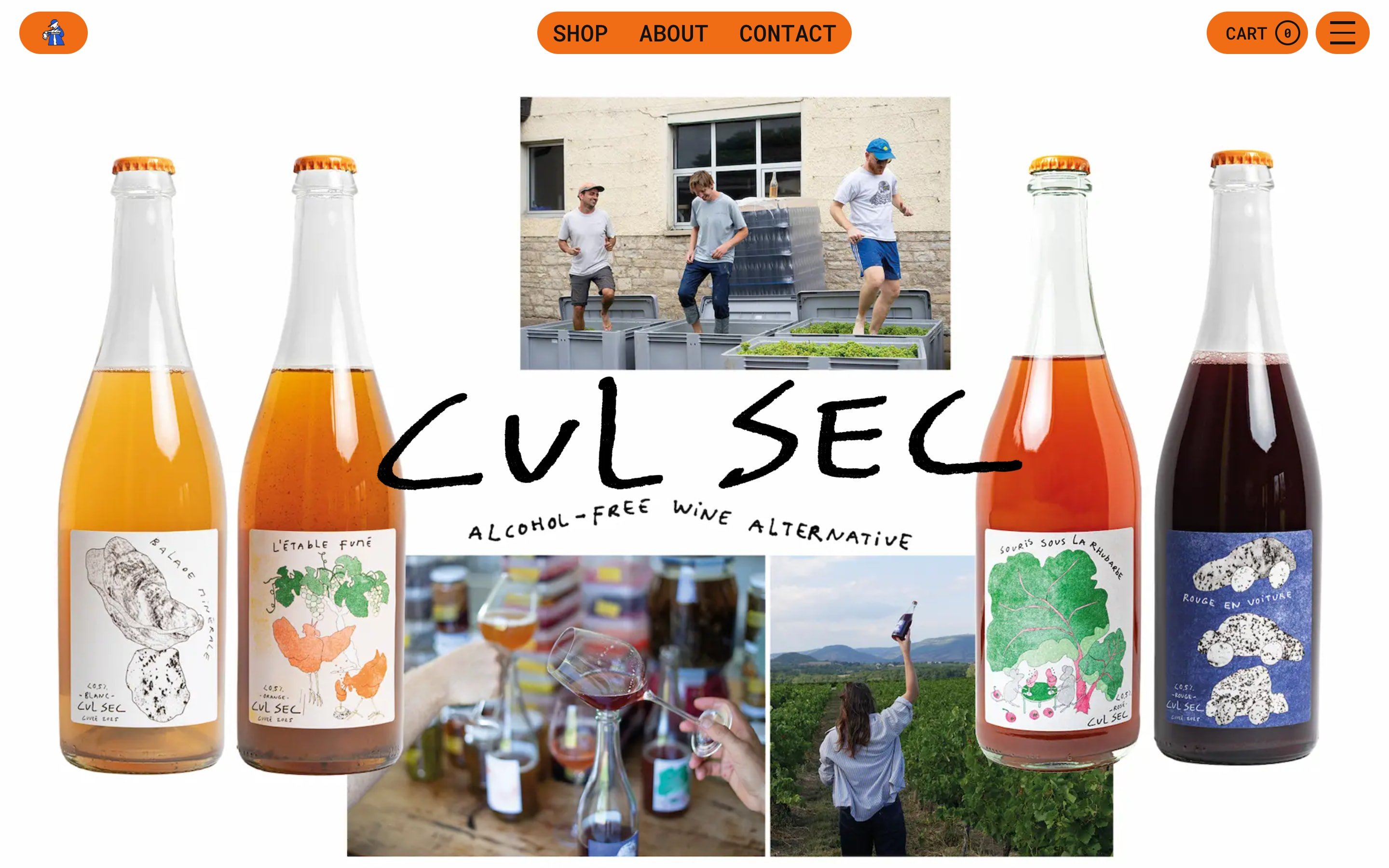 Cul Sec brand page opening with four bottles around a hand-drawn wordmark