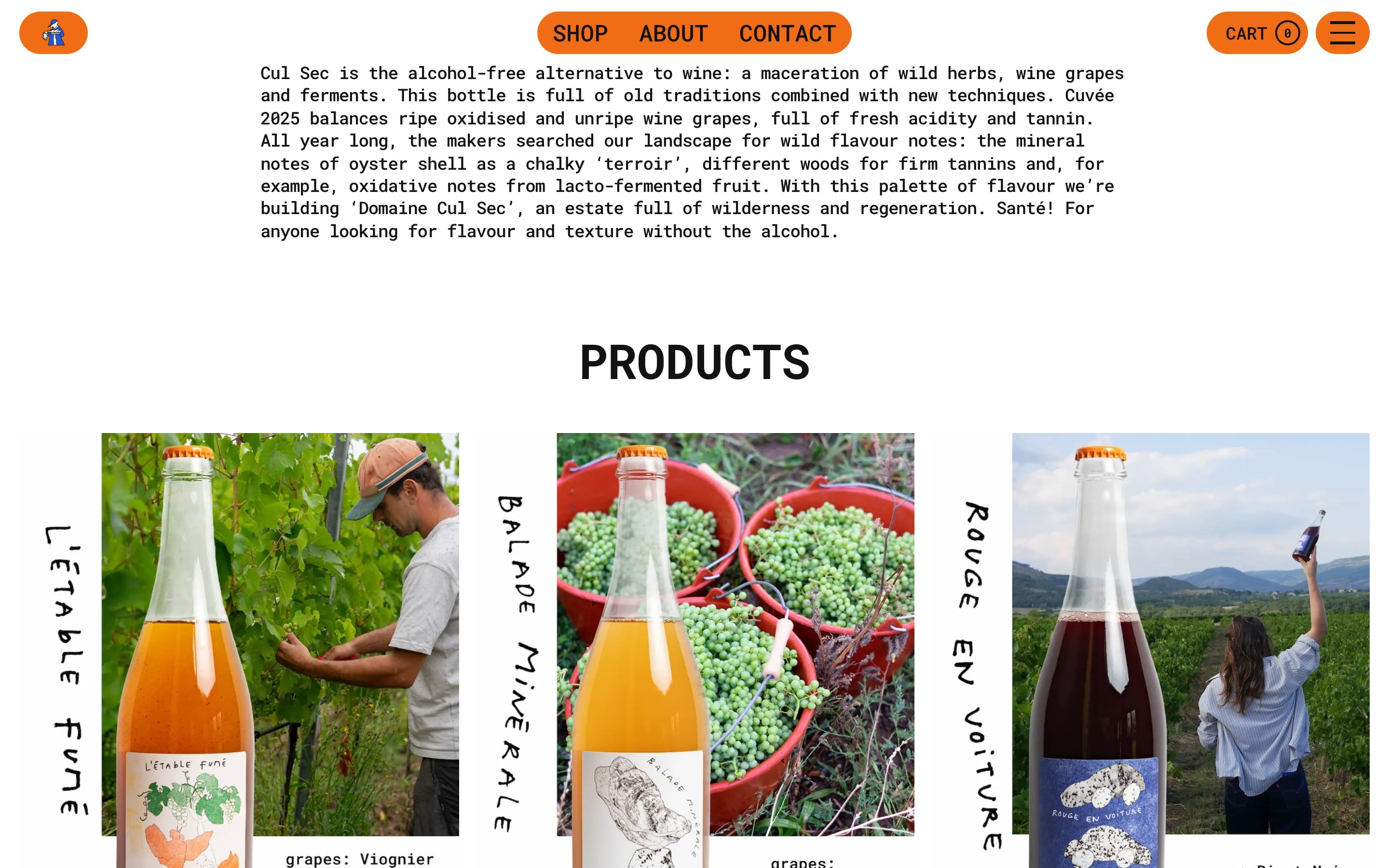Cul Sec product cards for the orange, blanc and rouge of Cuvée 2025