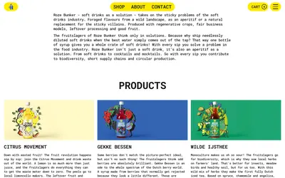 Roze Bunker product grid with illustrated syrup bottles on yellow, blue and green – fruitslagers