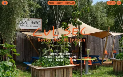 Cul Sec Resto page with opening hours over the wine garden and its stretch tent – fruitslagers
