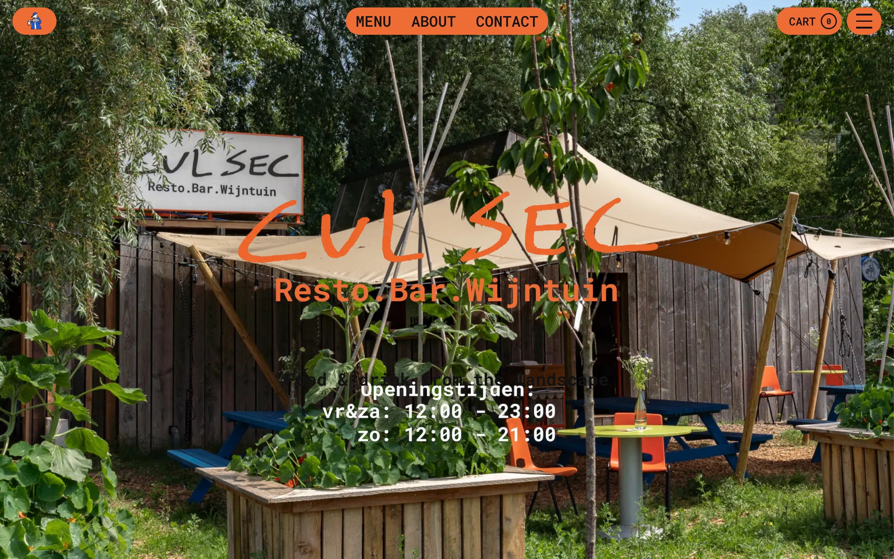 Cul Sec Resto page with opening hours over the wine garden and its stretch tent