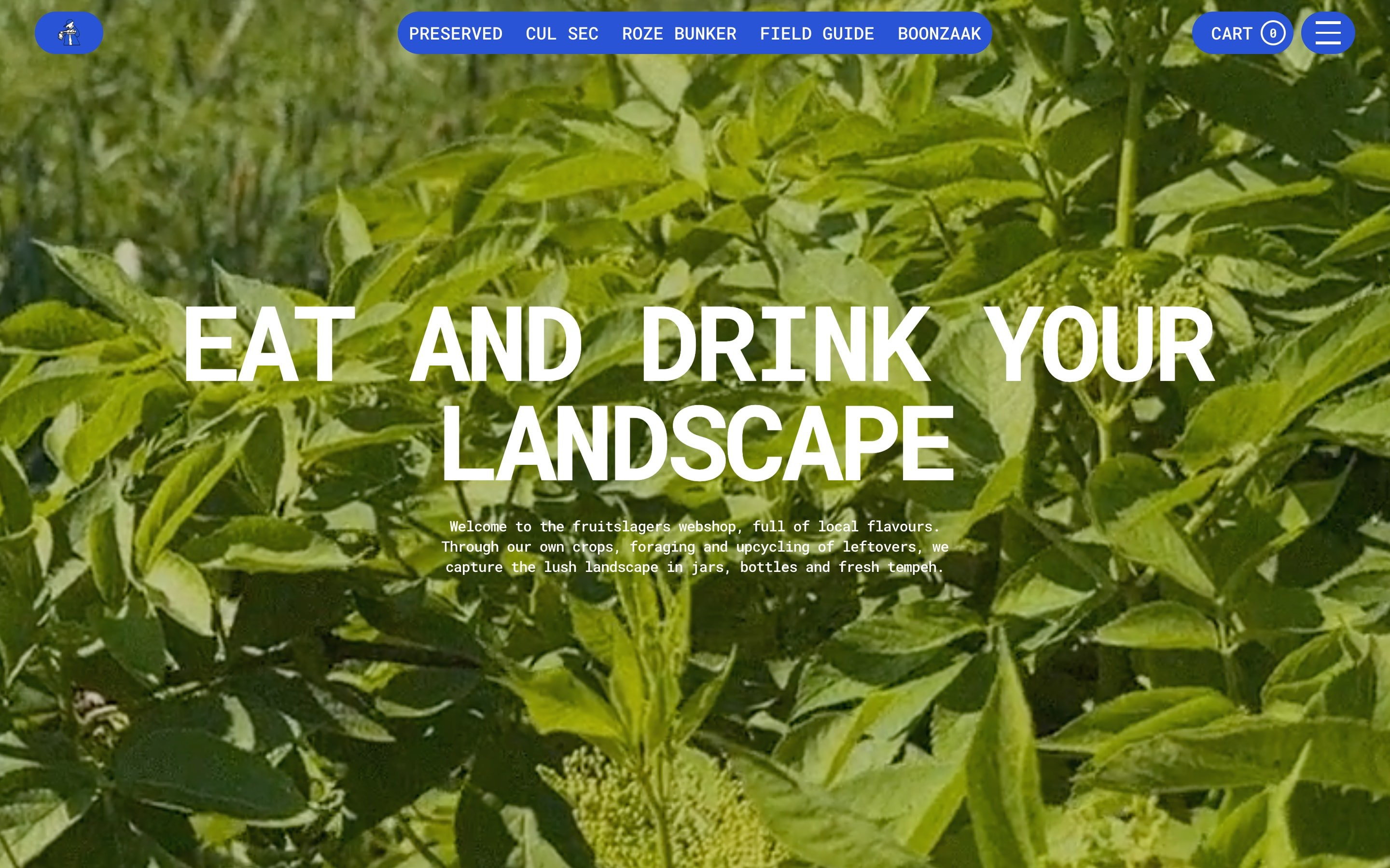 Webshop landing with Eat and Drink Your Landscape set over green leaves