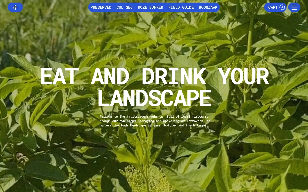 fruitslagers – Webshop landing with Eat and Drink Your Landscape set over green leaves