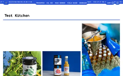 Test Kitchen jars and bottles in the webshop beside a photo of syrup being bottled – fruitslagers