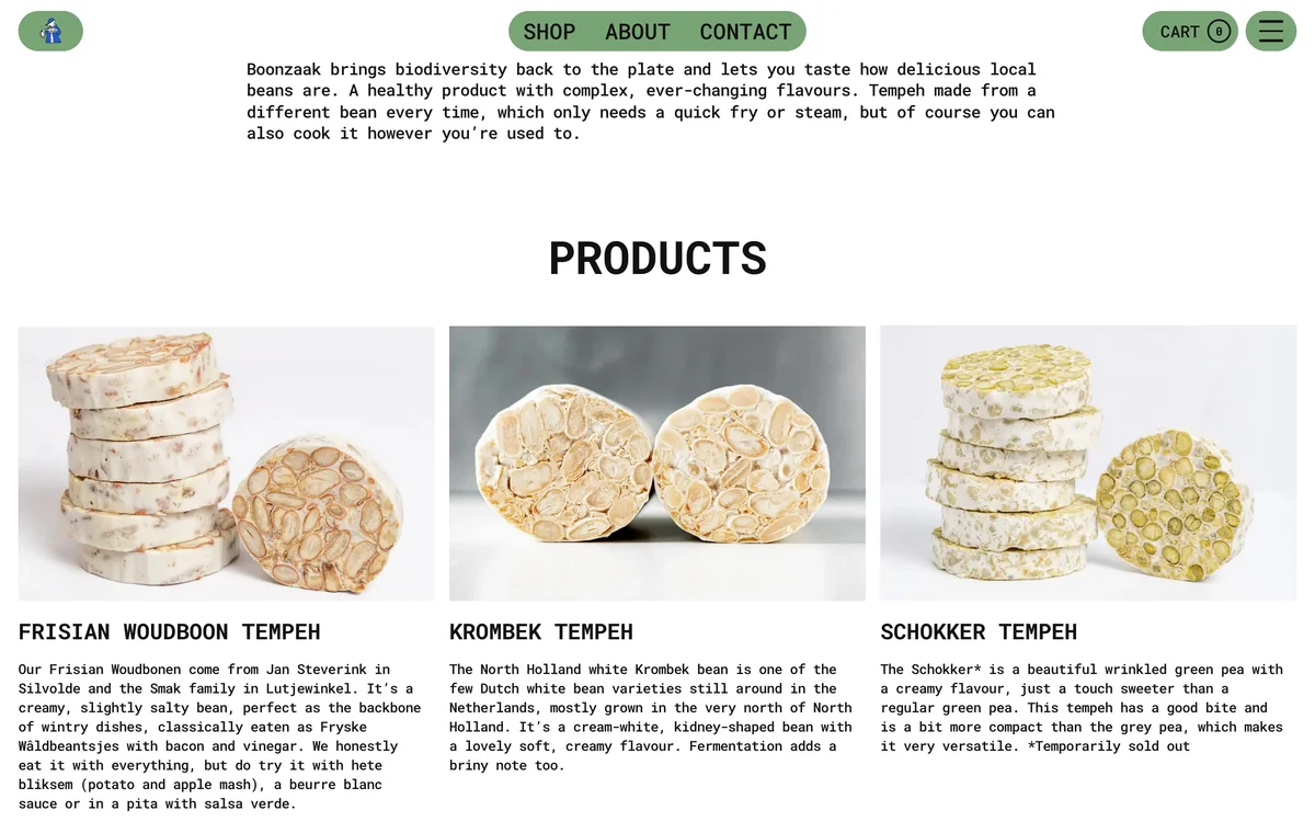 fruitslagers – Three stacked tempeh varieties in the Boonzaak product grid