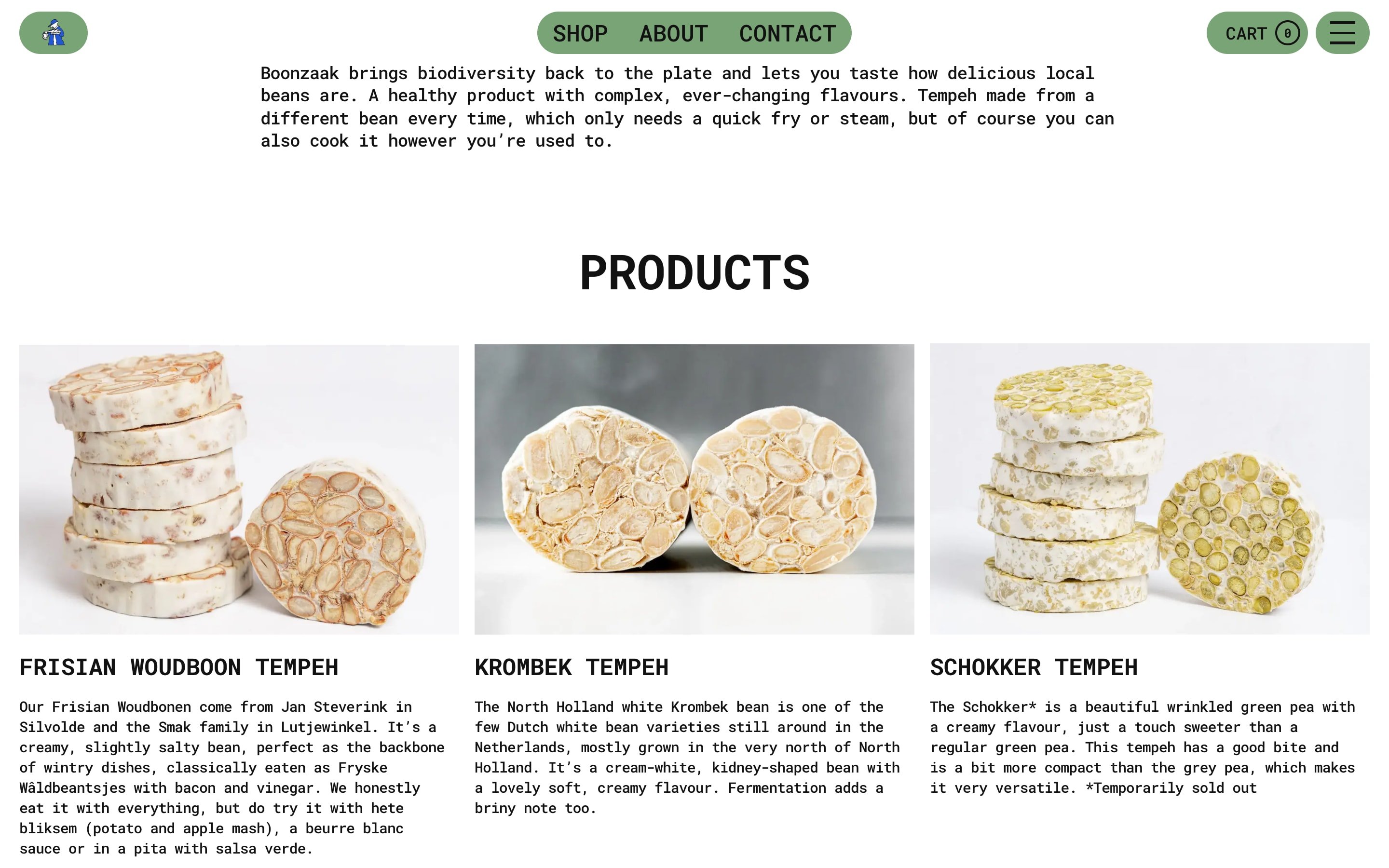Three stacked tempeh varieties in the Boonzaak product grid