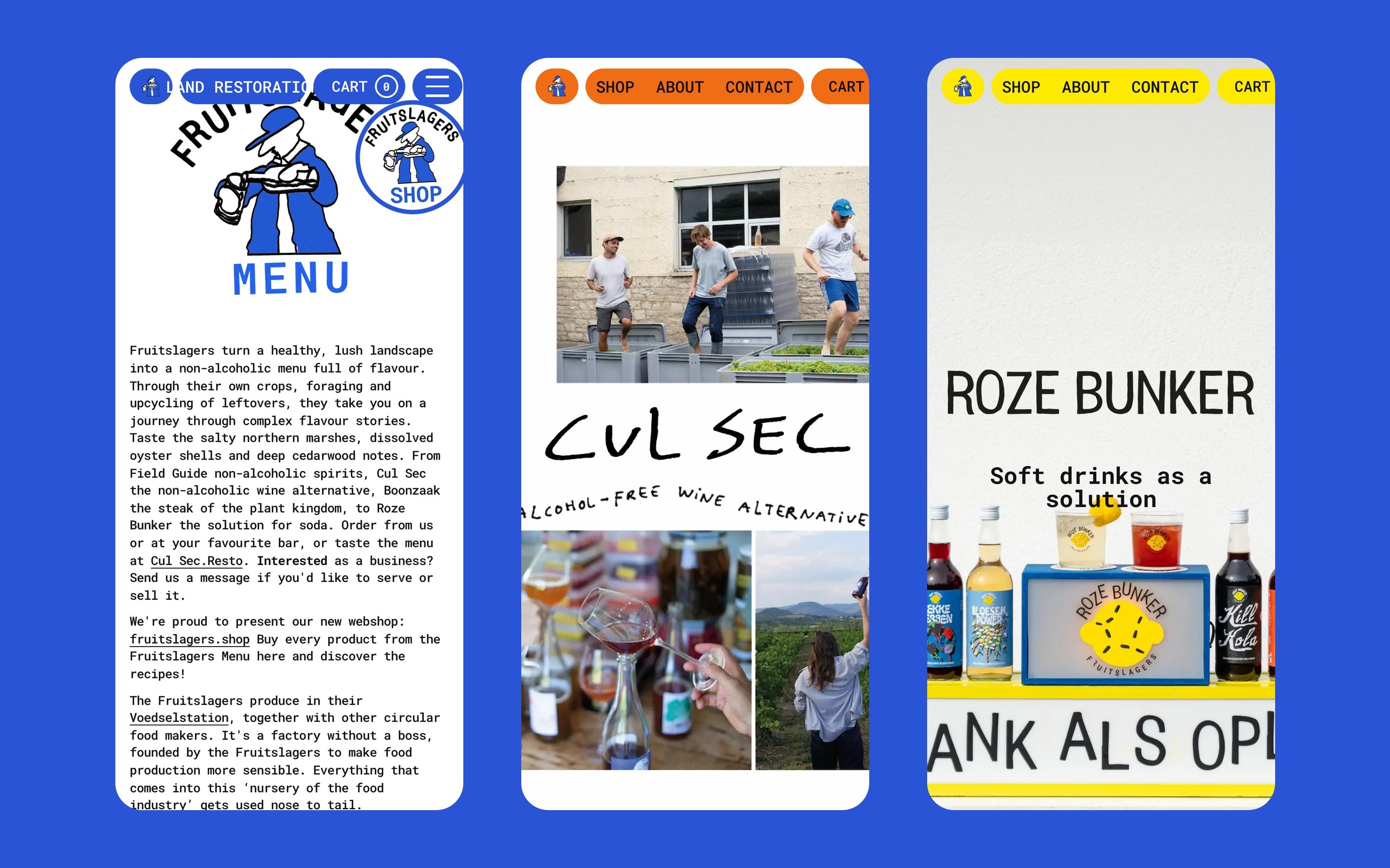 The menu card, Cul Sec and Roze Bunker pages on three phone screens against the Fruitslagers blue