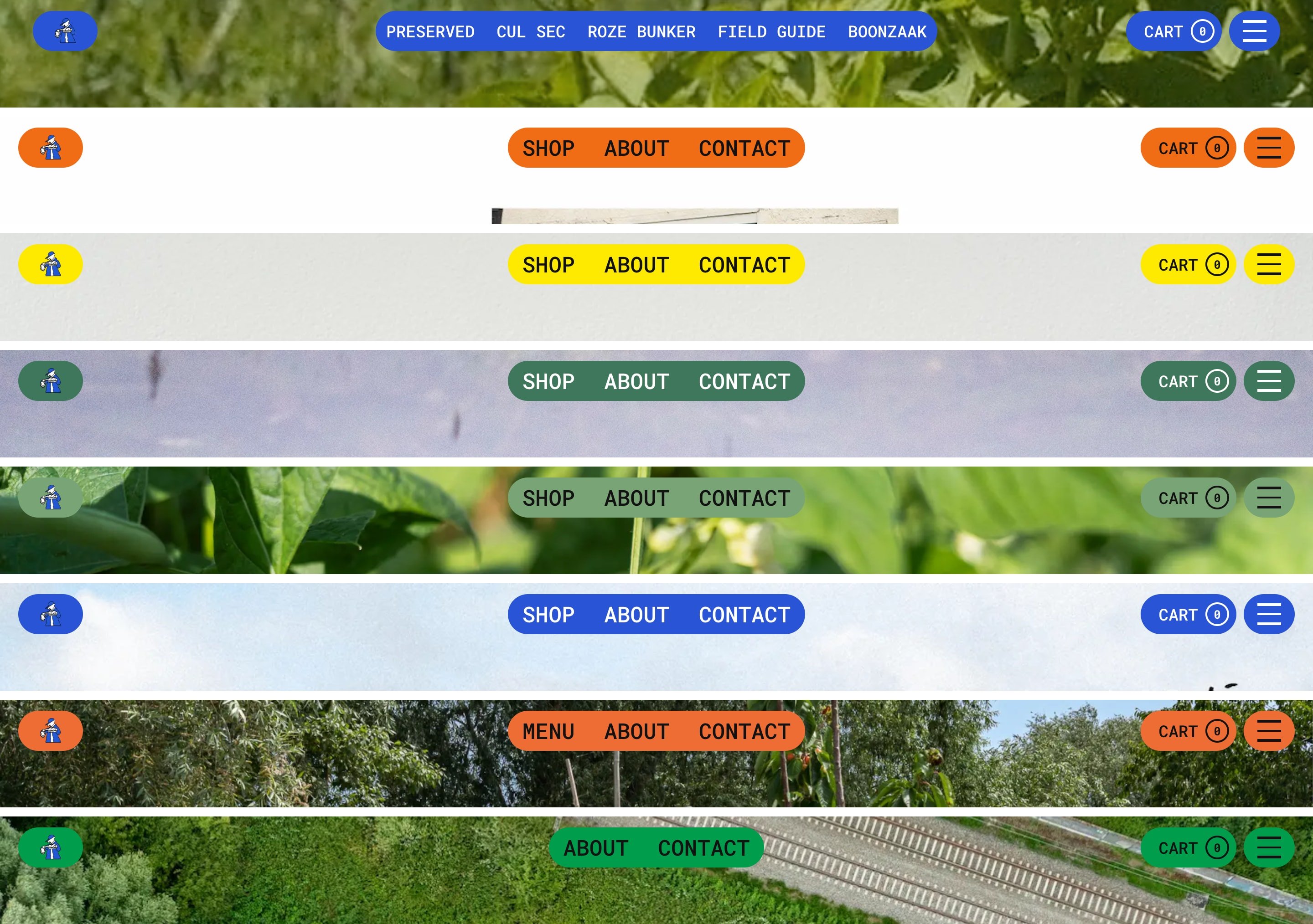 The shared top bar re-coloured for each brand: blue, orange, yellow and three greens
