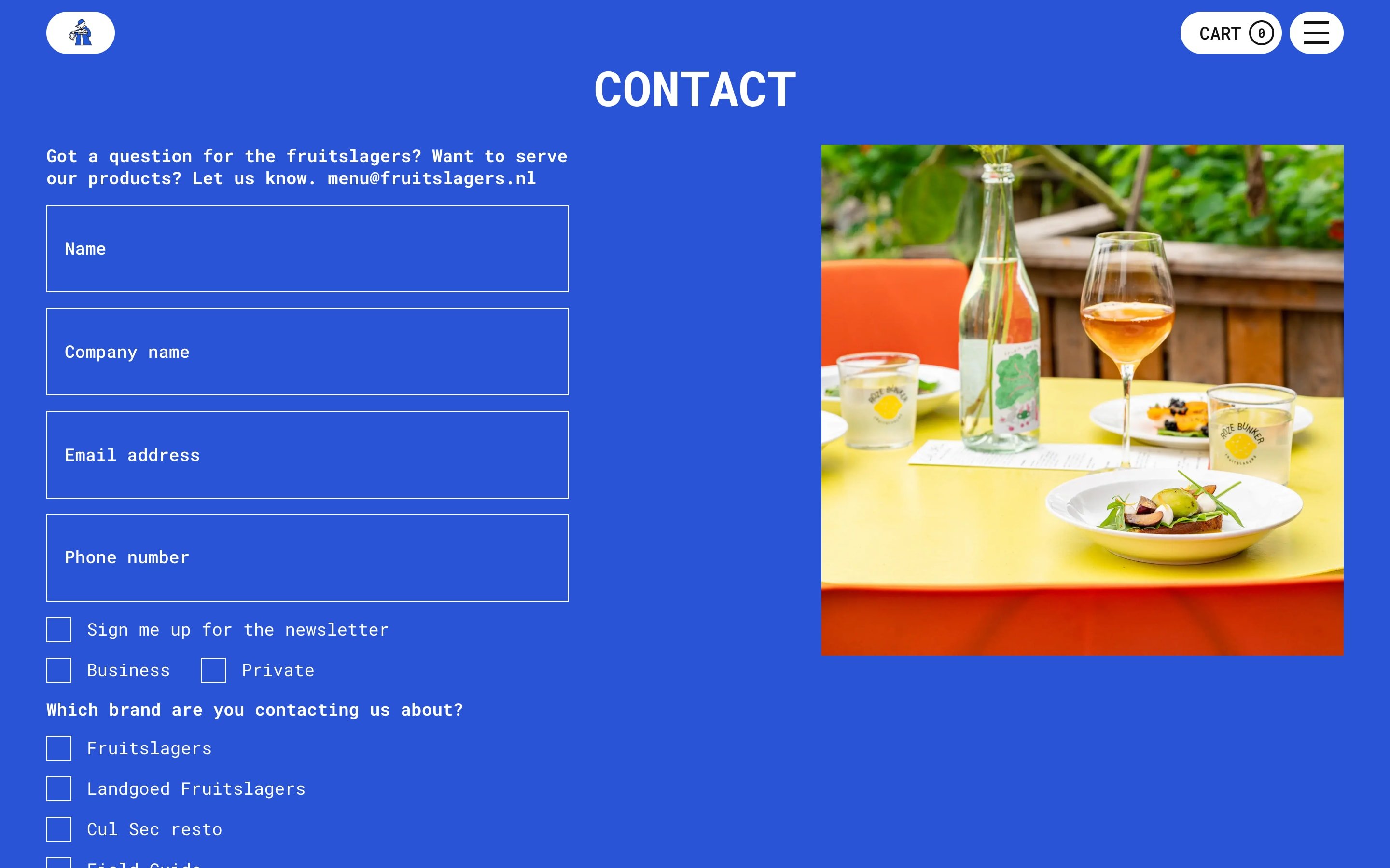Blue contact page with a form that asks which brand the message is about